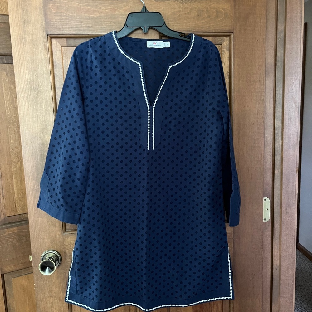 Navy Polka Dot Tunic with Contrast Trim